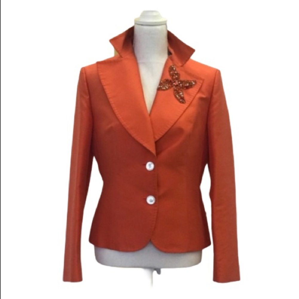 Kiton Silk Shantung Jacket in Bright Orange with Beaded Floral Applique